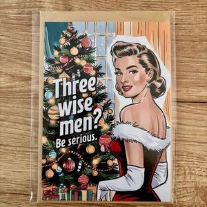 Retro Christmas Card with Woman and Tree